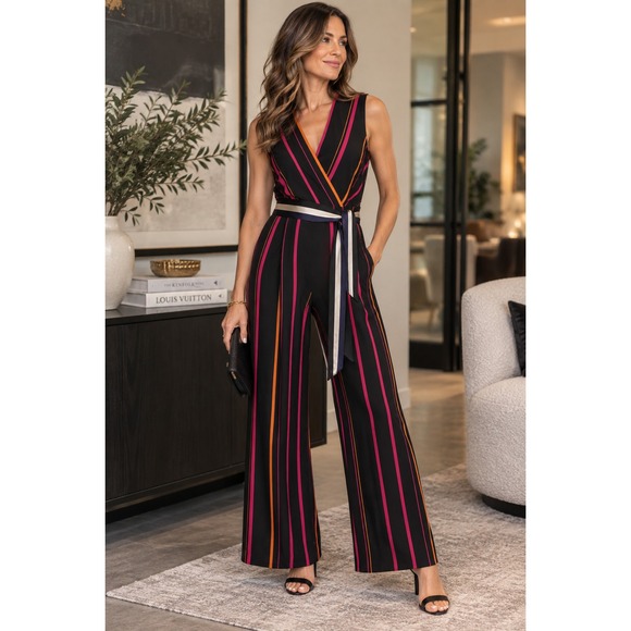 Diane Von Furstenberg Pants - Diane Von Furstenberg Sleeveless Crossover Wide Leg Striped One-Piece Jumpsuit 0